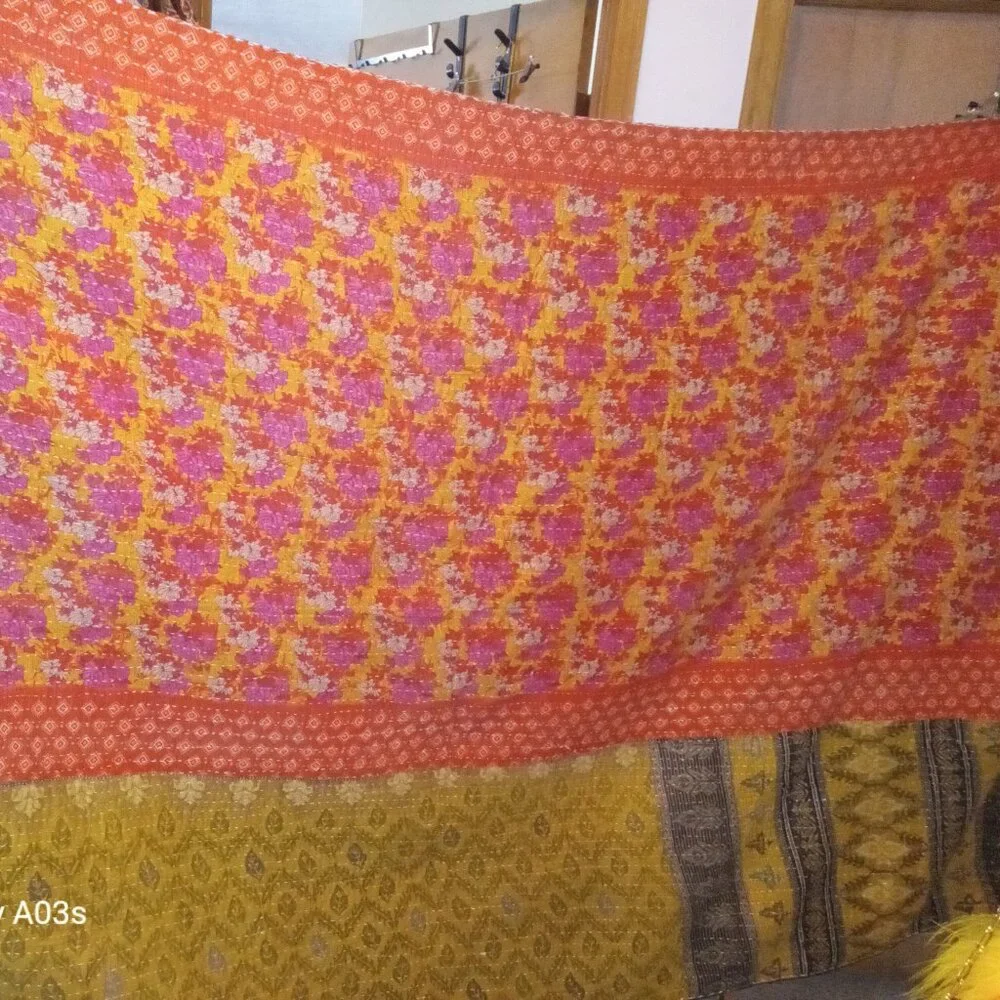 Kantha Quilt Blue Yellow Burnt Orange 54" x 83" Premium 3 Layer Cotton K141. - Picture 4 of 6
